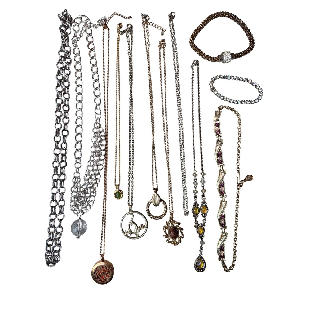 Vintage Jewelry Lot 11pc Necklaces Bracelets Rhinestone Locket Pendants G1